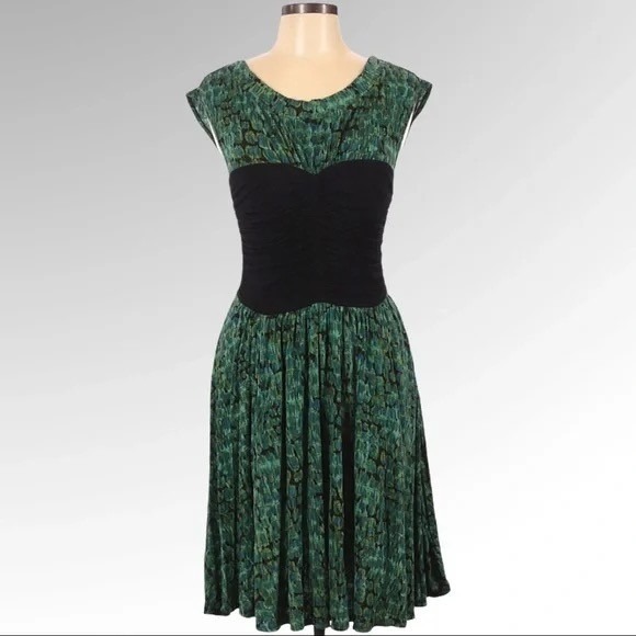 Plenty‎ by Tracy Reese Green Print Ruched Bust Fit & Flare Dress Women's L Boho - Picture 10 of 10